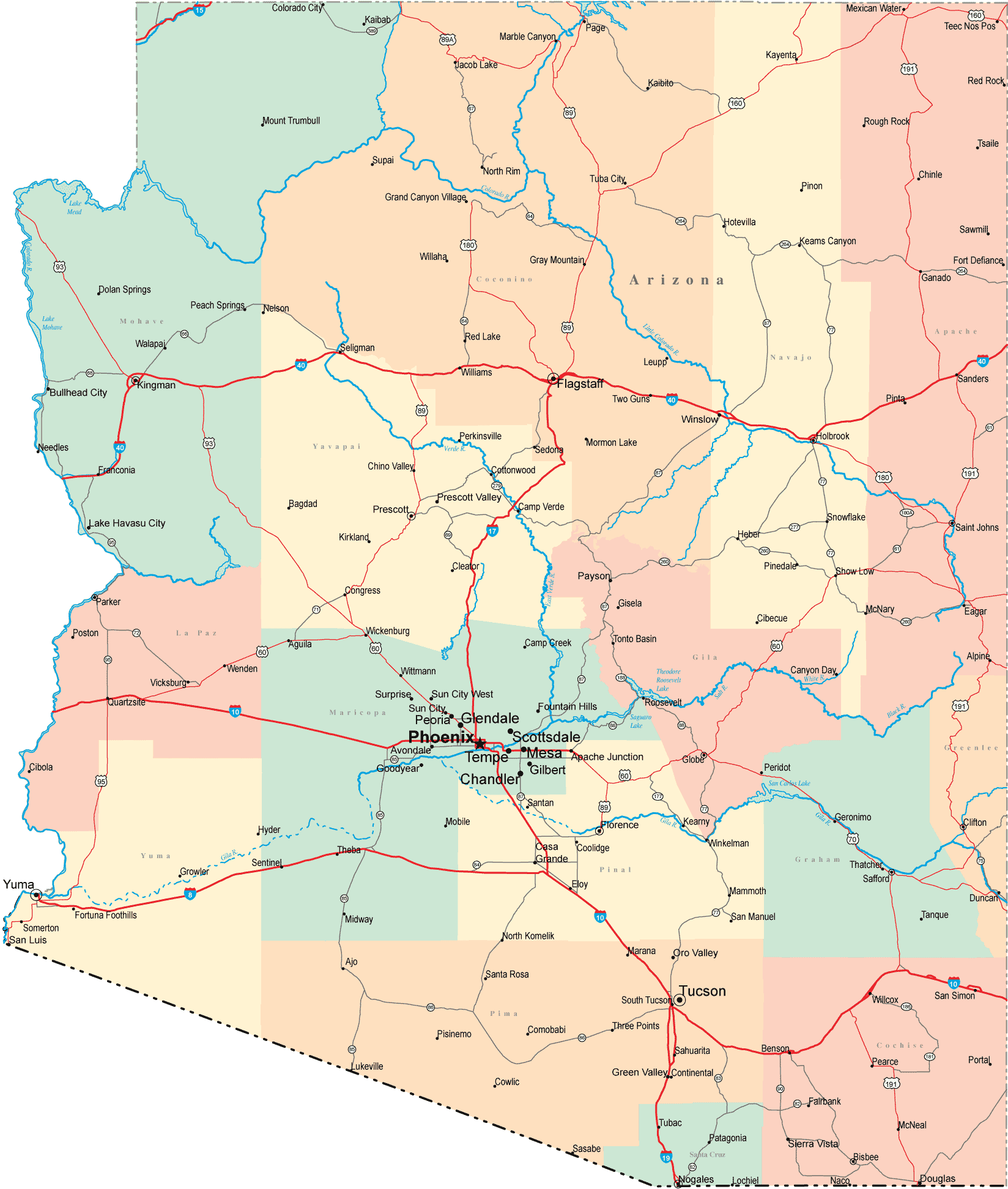 Arizona County Map With Roads Arizona Road Map   AZ Road Map   Arizona Highway Map